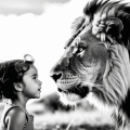 Photorealistic image of a lion staring into the eyes of a little girl