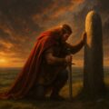 Irish High King kneeling before the Lia Fail Stone of Destiny at the Hill of Tara