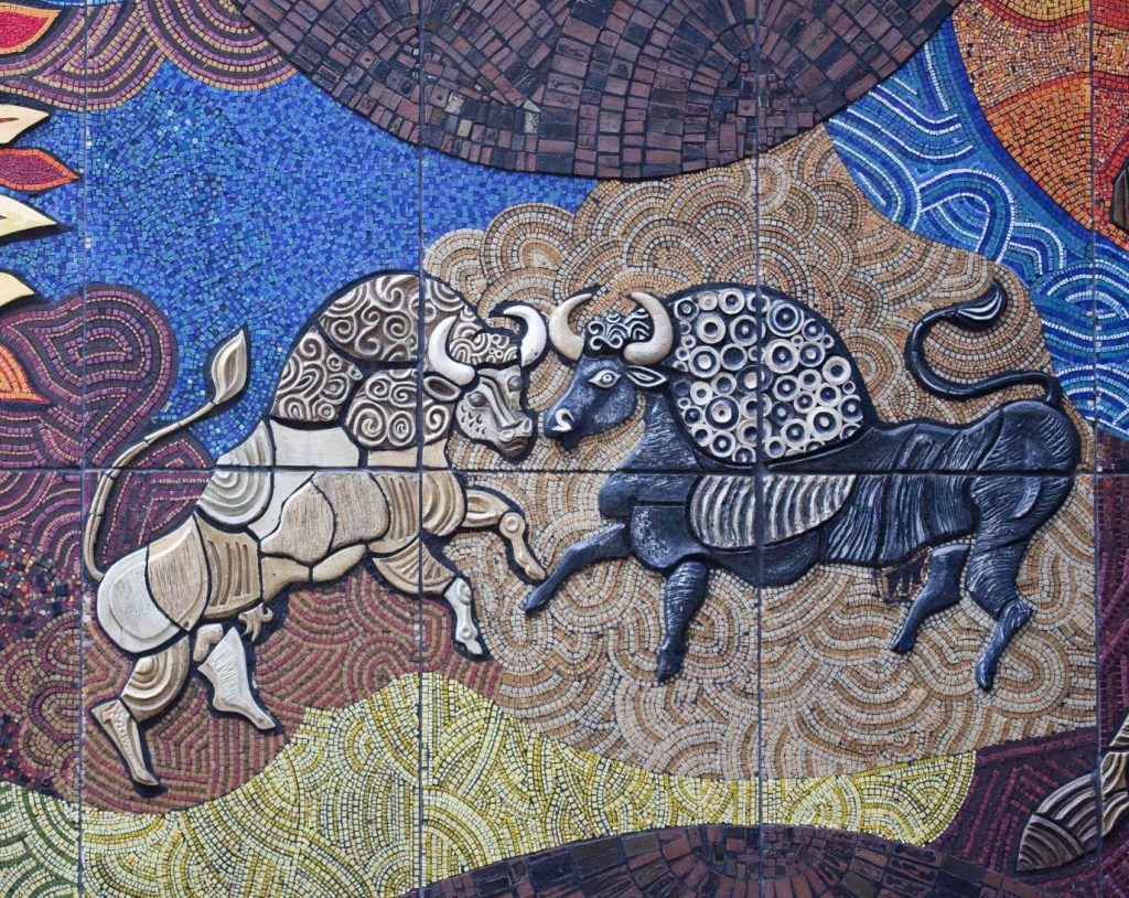 Mural of the two bulls from the Irish epic the Tain