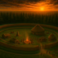 Sunset reconstruction of Dún Ailinne: single timber palisade with gate, inner roundhouses and standing stone, outer hamlet with people and livestock