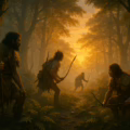 Hunter gatherers in a woodland at sunrise, as would have lived at Mountsandel Fort