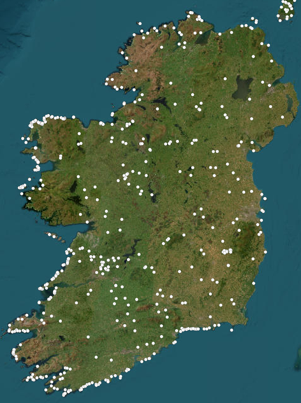Map of Ireland with all known hillfort locations