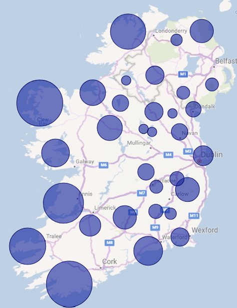 Density bubble graph showing Irish hillfort density created by Daniel Kirkpatrick
