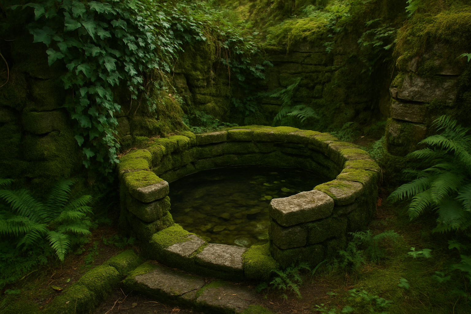 Photorealistic image of a holy well like the one at Dunseverick Castle