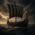 Photorealistic image of a Viking warship