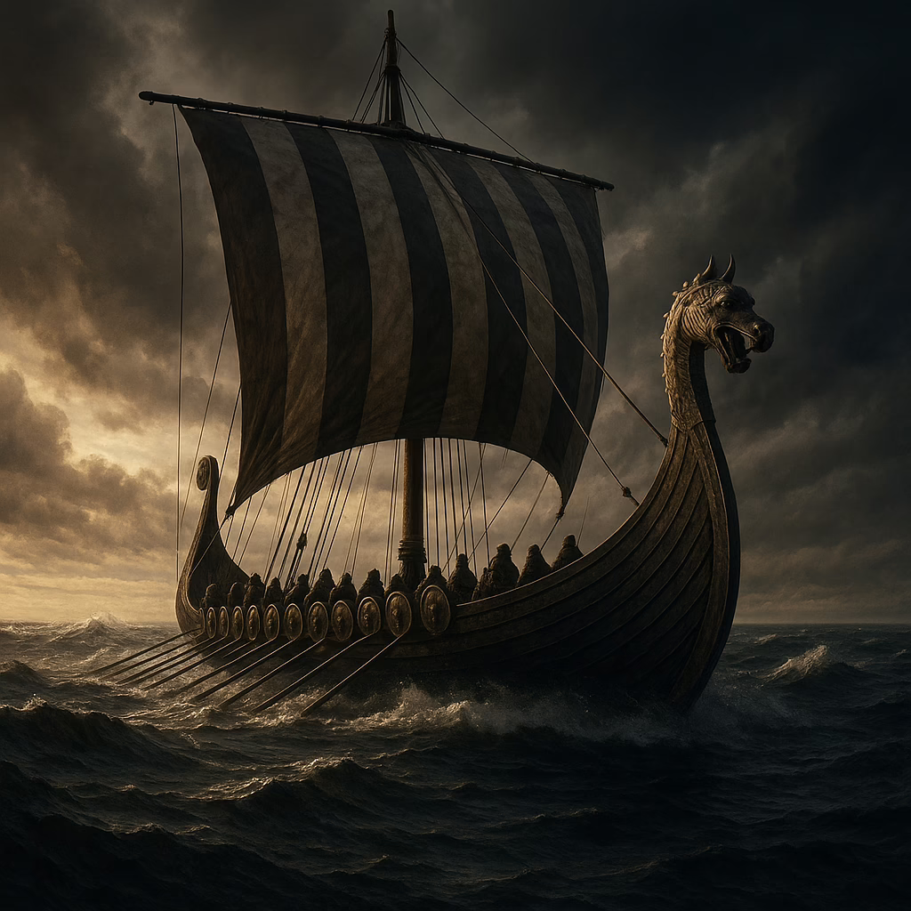 Photorealistic image of a Viking warship
