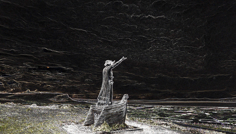 Negative photograph of the sculpture of the Irish god of the sea for Manannan mac Lir