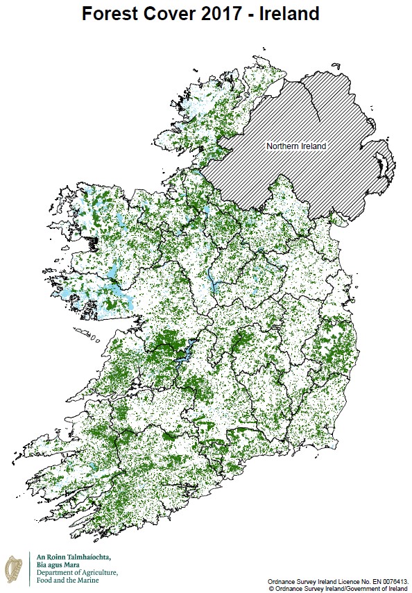 Map showing forest cover in Ireland in 2017