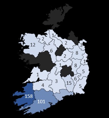 Density of ogham stones across Ireland based on data from Ireland's National Monument Service.Map