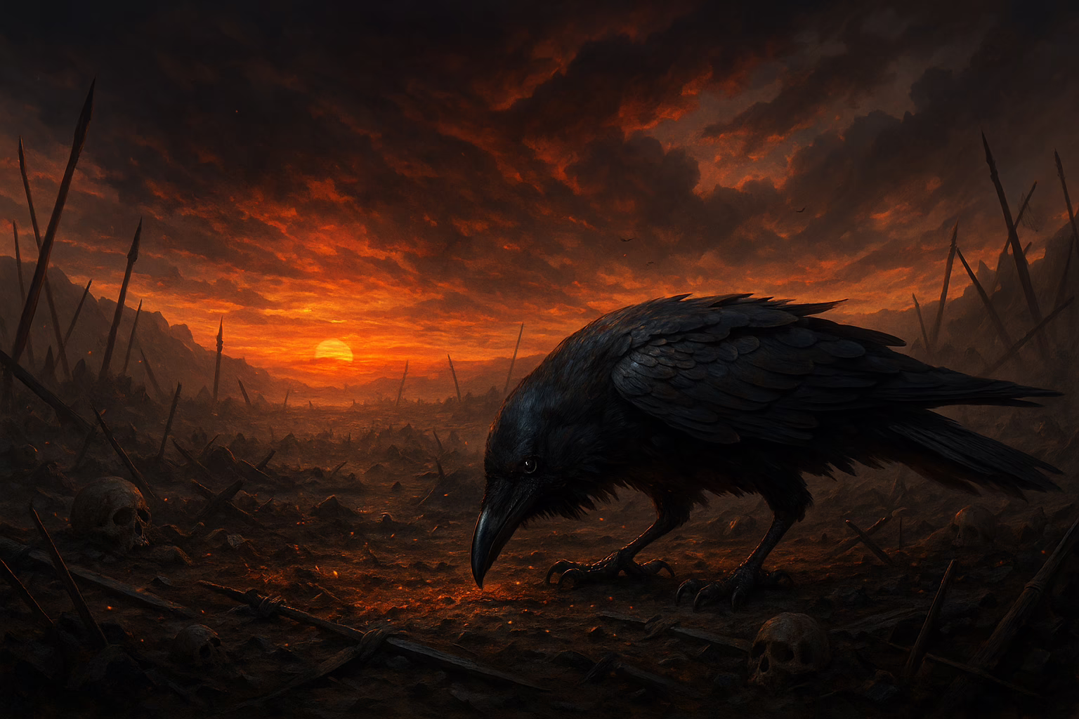 Raven on an ancient battlefield with sunset in the background depicting the form of the Irish goddess Morrigan