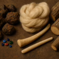 Photorealistic image of Iron Age materials including ore, wood, bone and wool