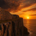 Cliff-edge stone walls of Dun Aengus fort at sunset, Inis Mór, Aran Islands