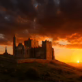 Photorealistic interpretation of the Rock of Cashel in Ireland at sunset
