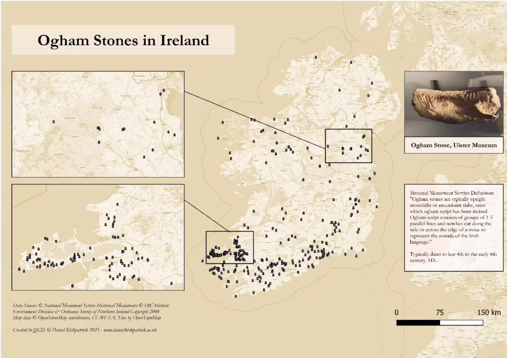 Map of ogham stones across Ireland