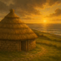 Reconstruction of a Bronze Age hut looking out to sea at sunset