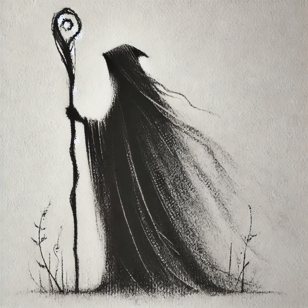 Charcoal representation of an Irish druid with staff