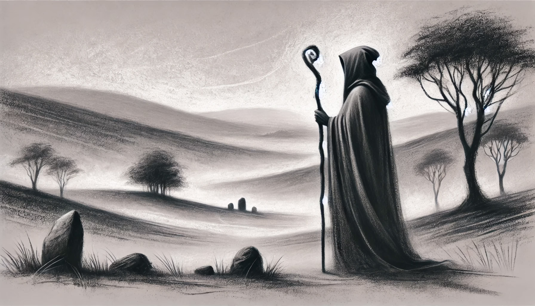 Charcoal drawing of an ancient Irish druid
