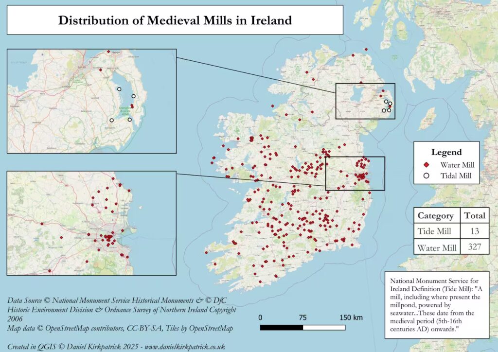 Map showing the Distribution of Medieval Mills across Ireland covering water and tide mills