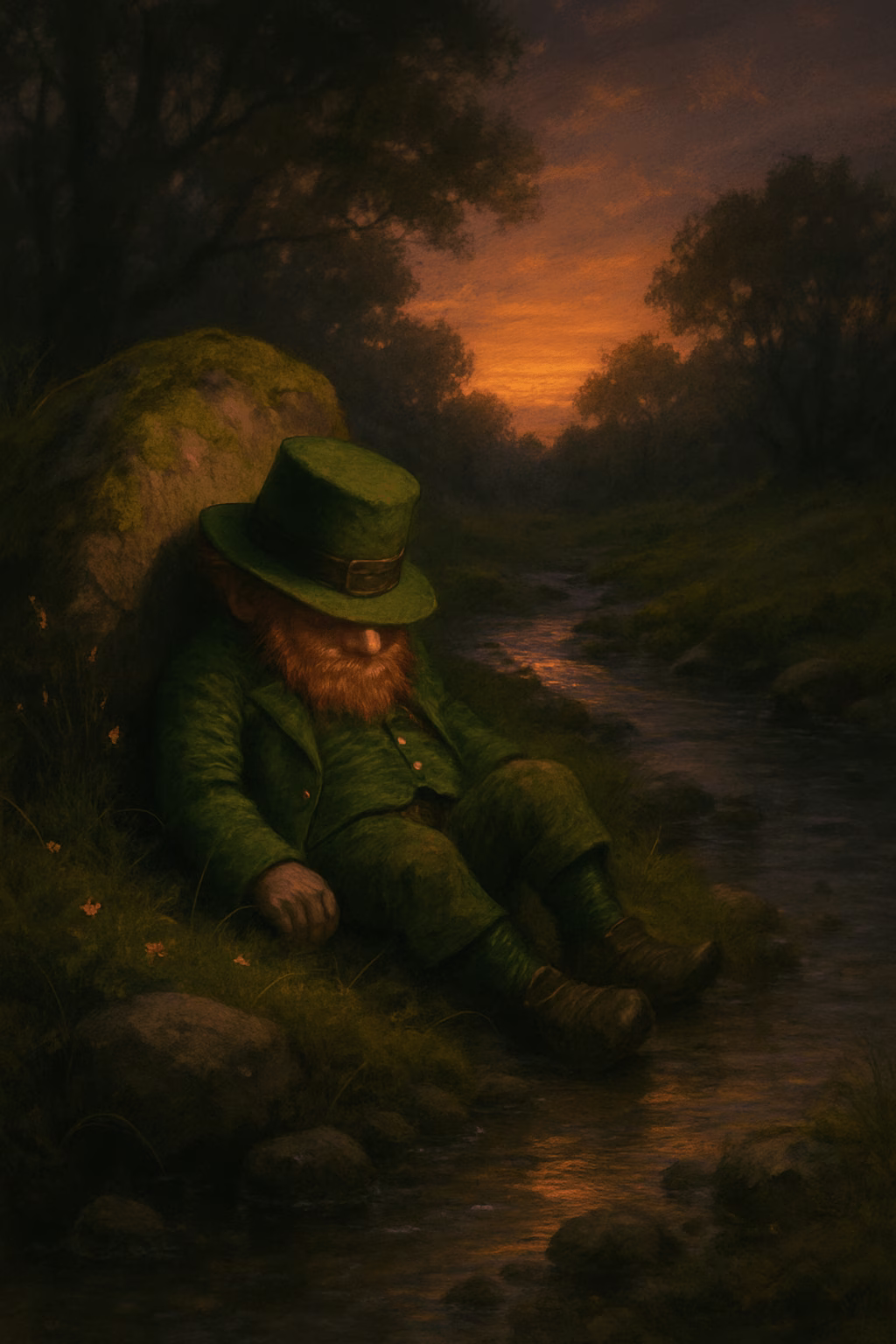 Image of an Irish leprechaun sleeping under the shade of a tree
