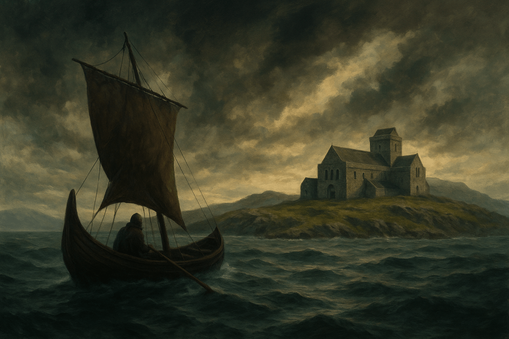 Illustration of the Voyage of St Brendan as he sets off across the sea with an Irish church in the background