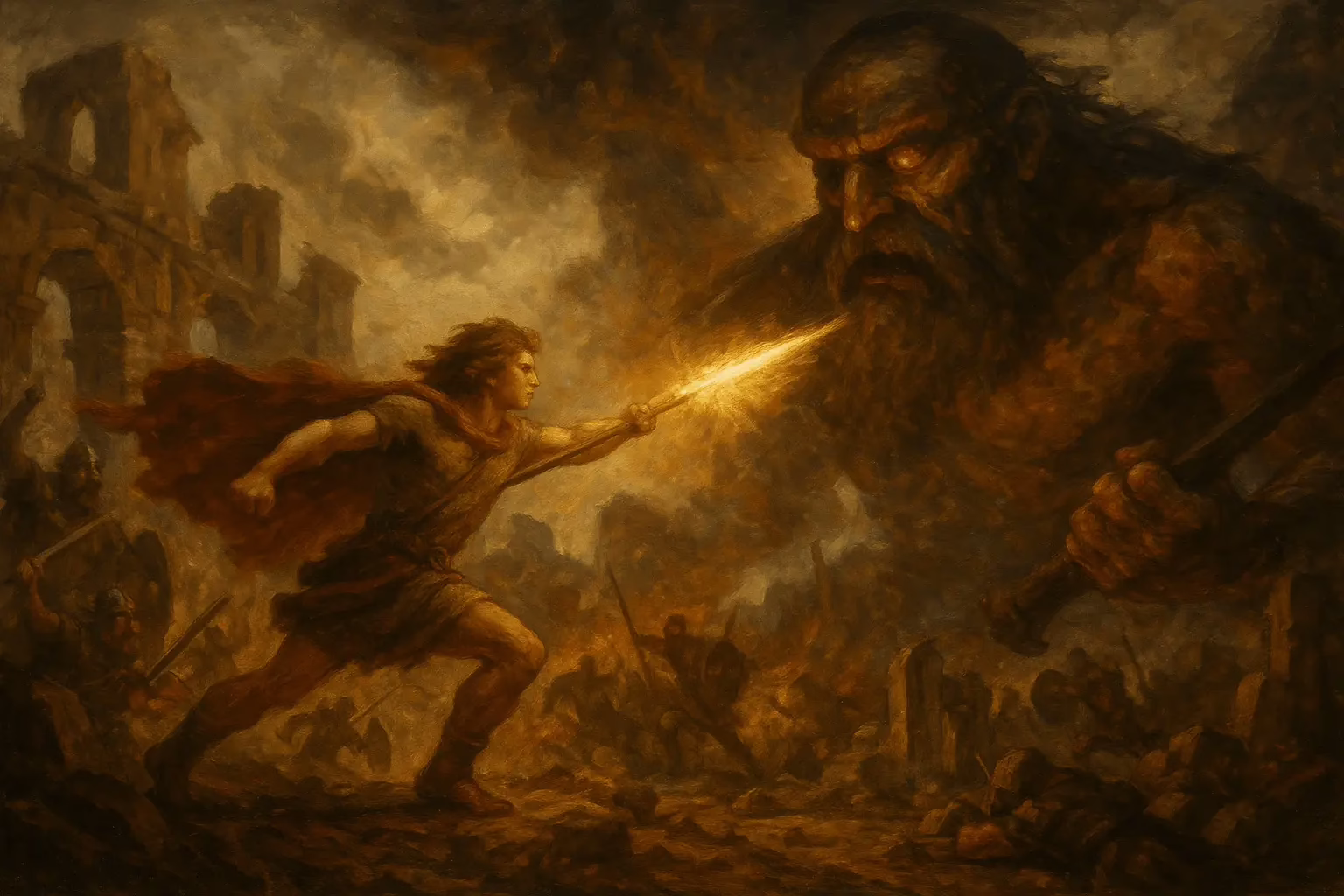 Artistic representation of the Irish god Lugh of the Long Arm attacking Balor of the Evil Eye from Irish Mythology