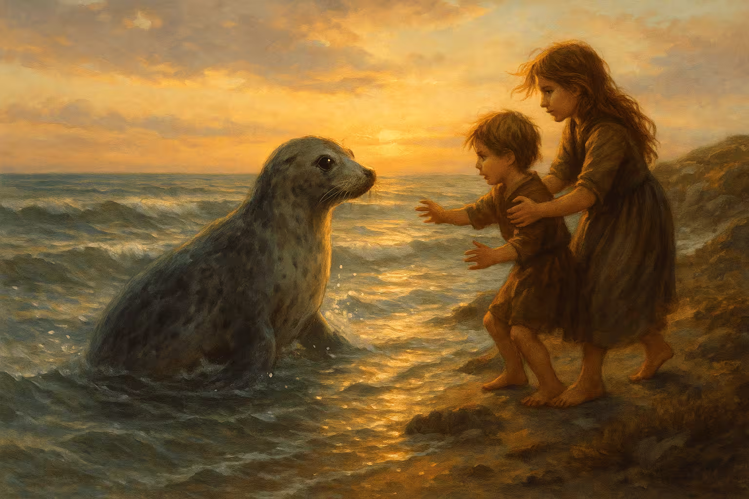 Irish Selkie as a seal returning to her children on the beach