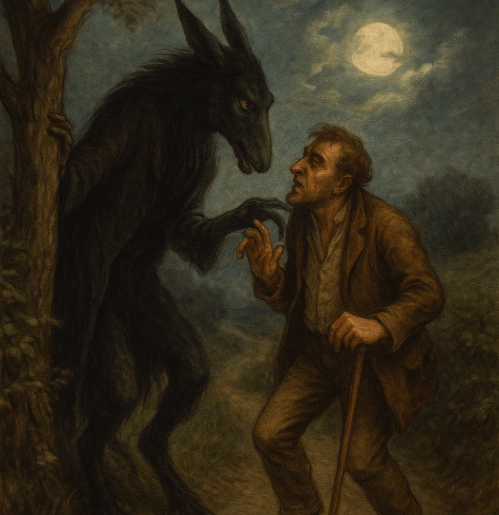 Irish mythological creature Puca or Pooka with an unsuspecting traveller at night