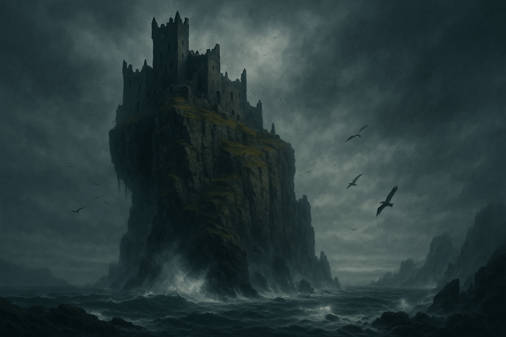 Fantasy illustration of the Irish god Balor's mythical island where he imprisoned his daughter Ethne