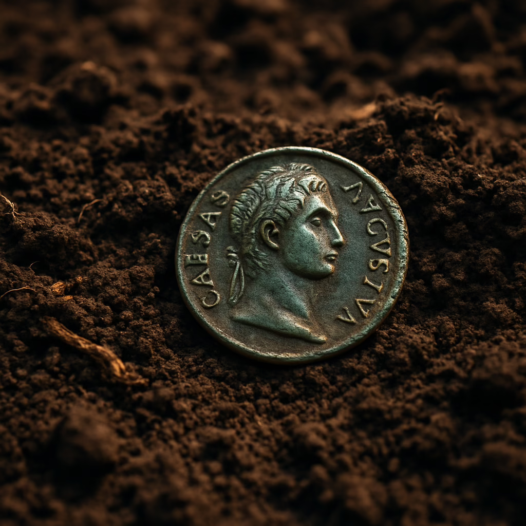Photorealistic depiction of a Roman coin like those discovered in the many hoards across Ireland