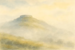 Distance hillfort shrouded in mist