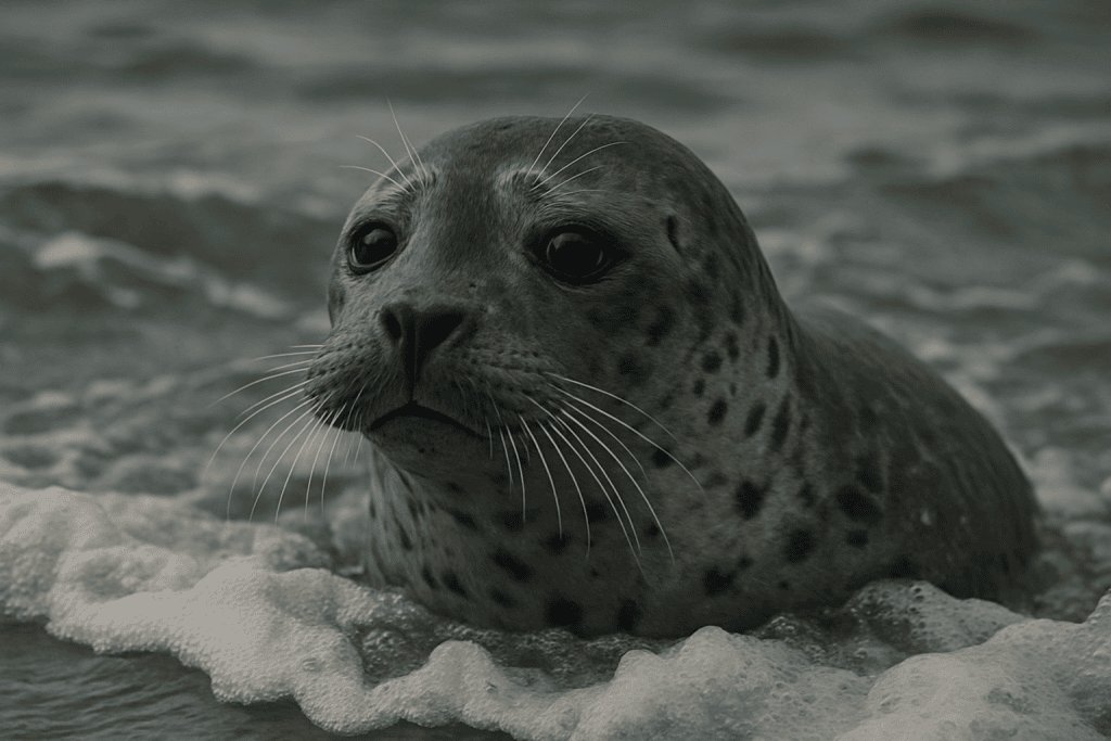 Photorealistic image of a seal emerging from water, like the many seals the Irish coastal communities would have linked to the Selkies
