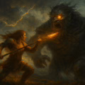 Illustration of the Irish god Lugh battling Balor of the evil eye