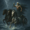 Digital fantasy photograph of a Manannan Mac Lir, the Irish sea god, riding through a stormy sea on a chariot
