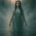 Digital fantasy image of a river goddess emerging from the water shrouded in mist