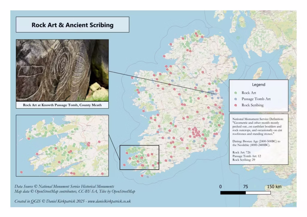 Map showing the distribution of all recorded rock art and rock scribing locations across Ireland produced by Daniel Kirkpatrick using Government historical datasets