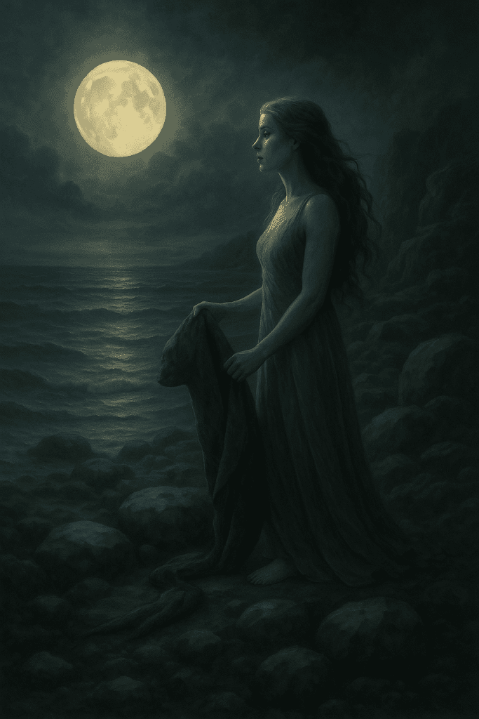 Digital fantasy image of a Selkie holding its skin by moonlight from Irish Folklore