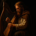 Ancient Irish bard reciting proverbs from mythology and Brehon law
