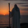 Druid looking out to sea and sunrise with staff and robe