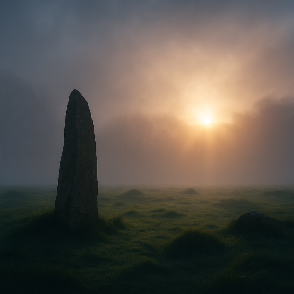 Photorealistic image of a solitary standing stone shrouded in mist