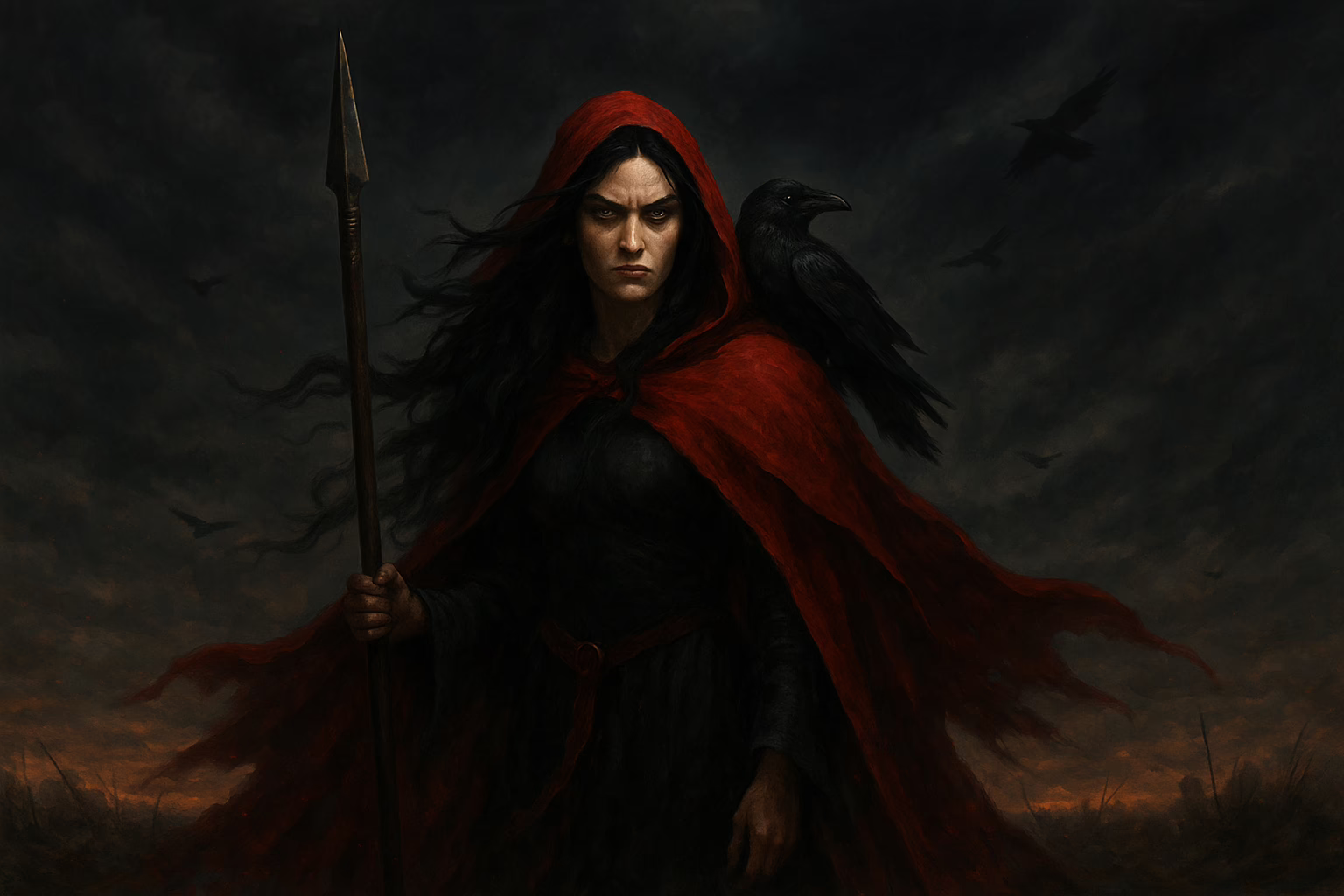 Fantasy portrait of the Irish goddess the Morrigan surrounded by ravens