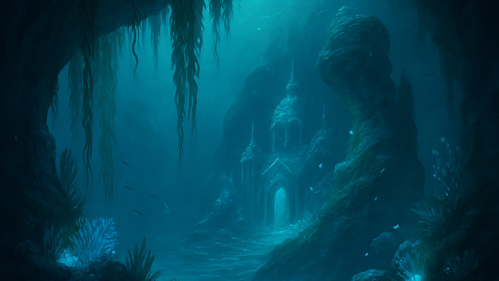 Fantasy illustration of an underwater city like that of the mythical Merrow