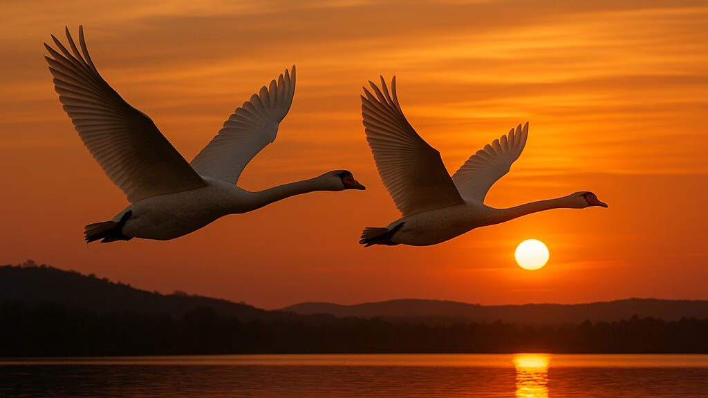 Two swans flying into the sunset representing the Irish god Aengus and his lover