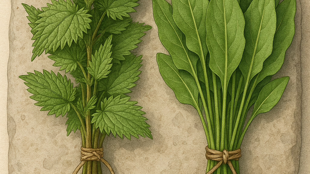 Herbs of nettle and sage on a platter ready to be used in herbology