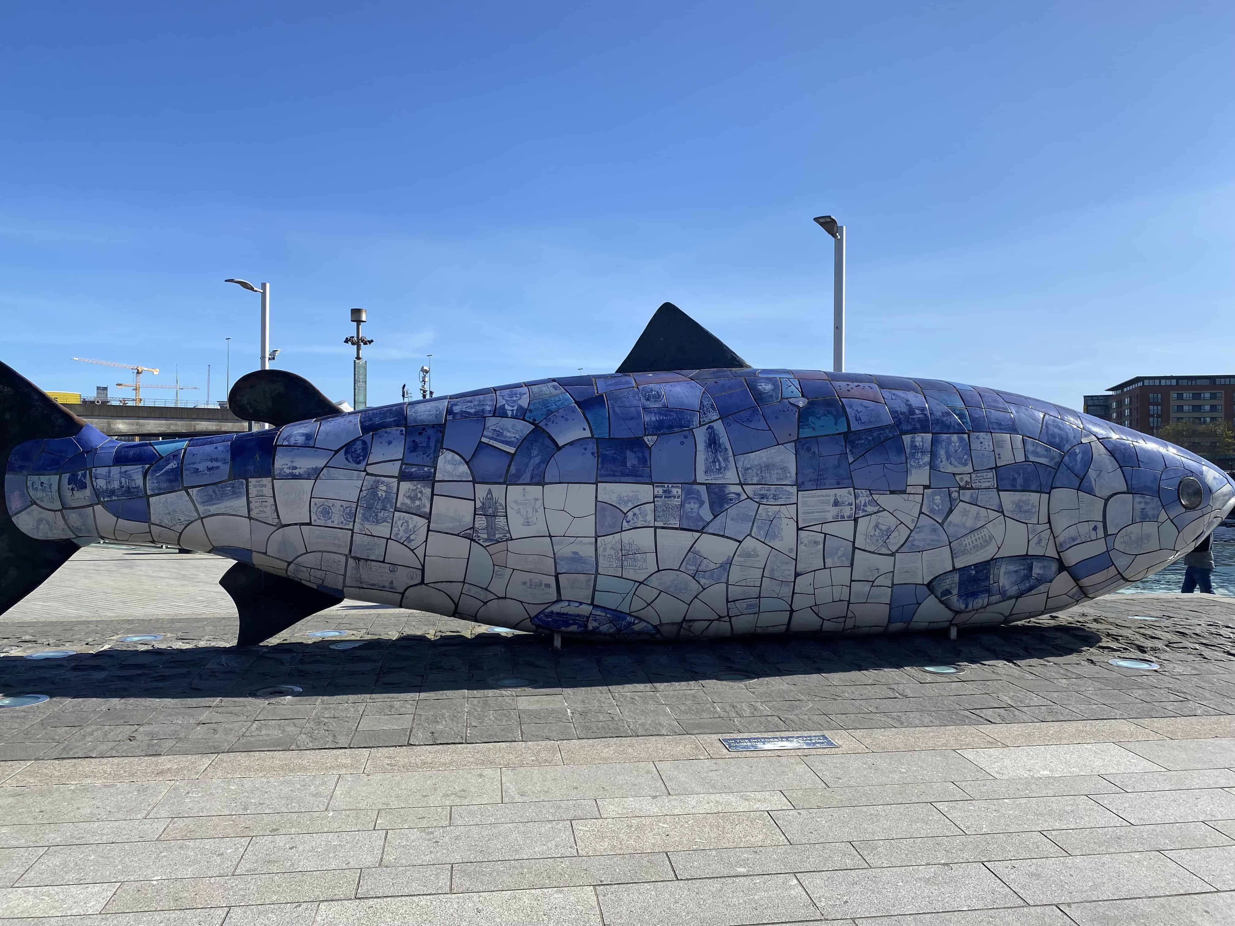 Photograph of the Salmon of Knowledge sculpture in Belfast, Northern Ireland