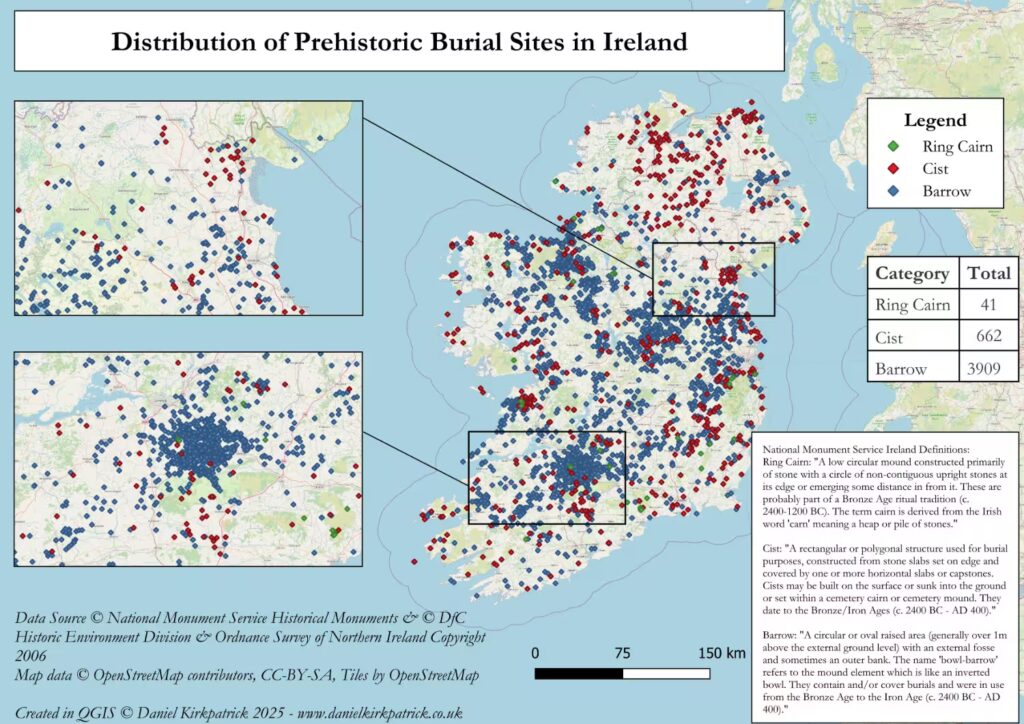 Map of the distribution of Prehistoric burial sites across Ireland covering barrows, cists and ring-cairns based on NMS and DfC data