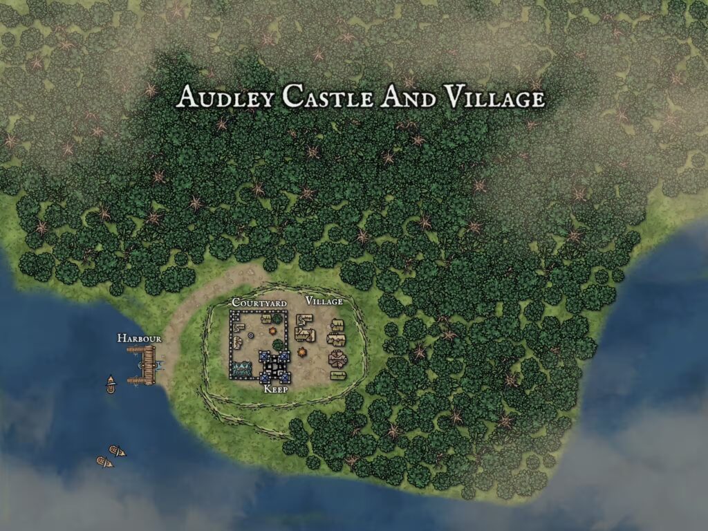 Historical Fantasy map of Audley Castle and Medieval Village in Northern Ireland created by Daniel Kirkpatrick