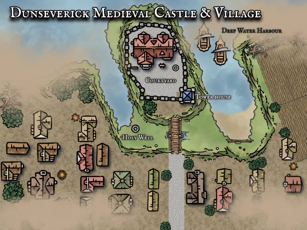 Historical fantasy map of Dunseverick Castle in Ireland showing medieval layout and design
