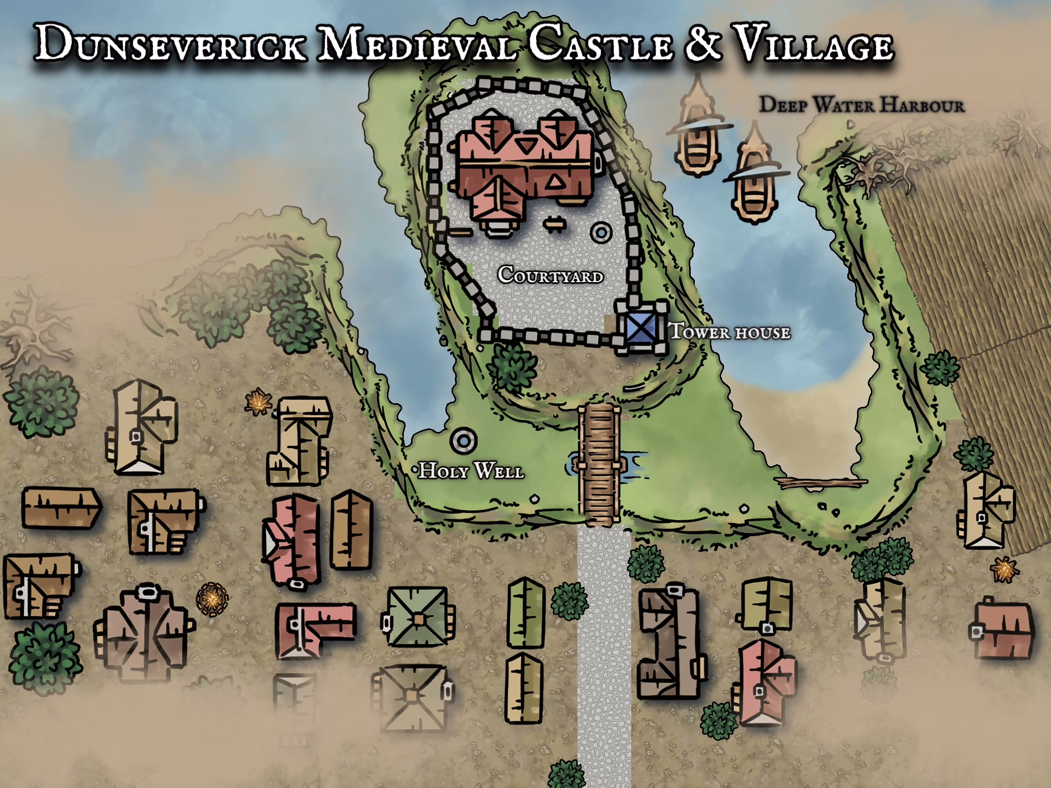 Historical fantasy map of Dunseverick Castle in Ireland showing medieval layout and design