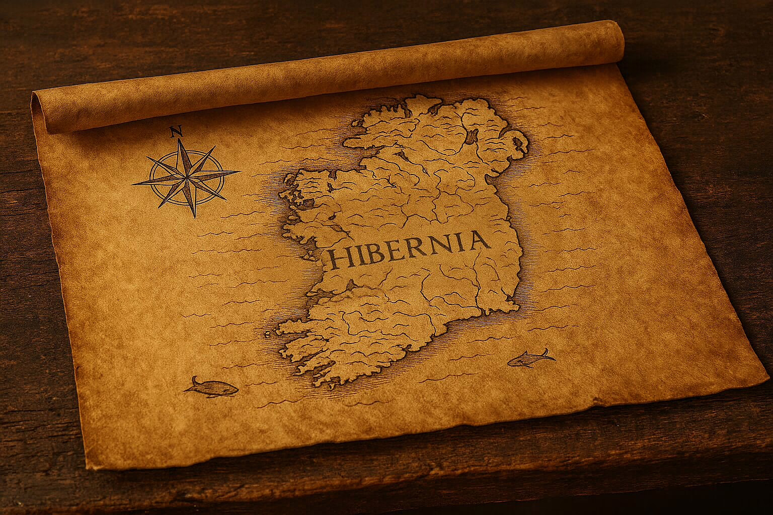 Reconstruction of a Roman map of Ireland on parchment like Ptolemy's map