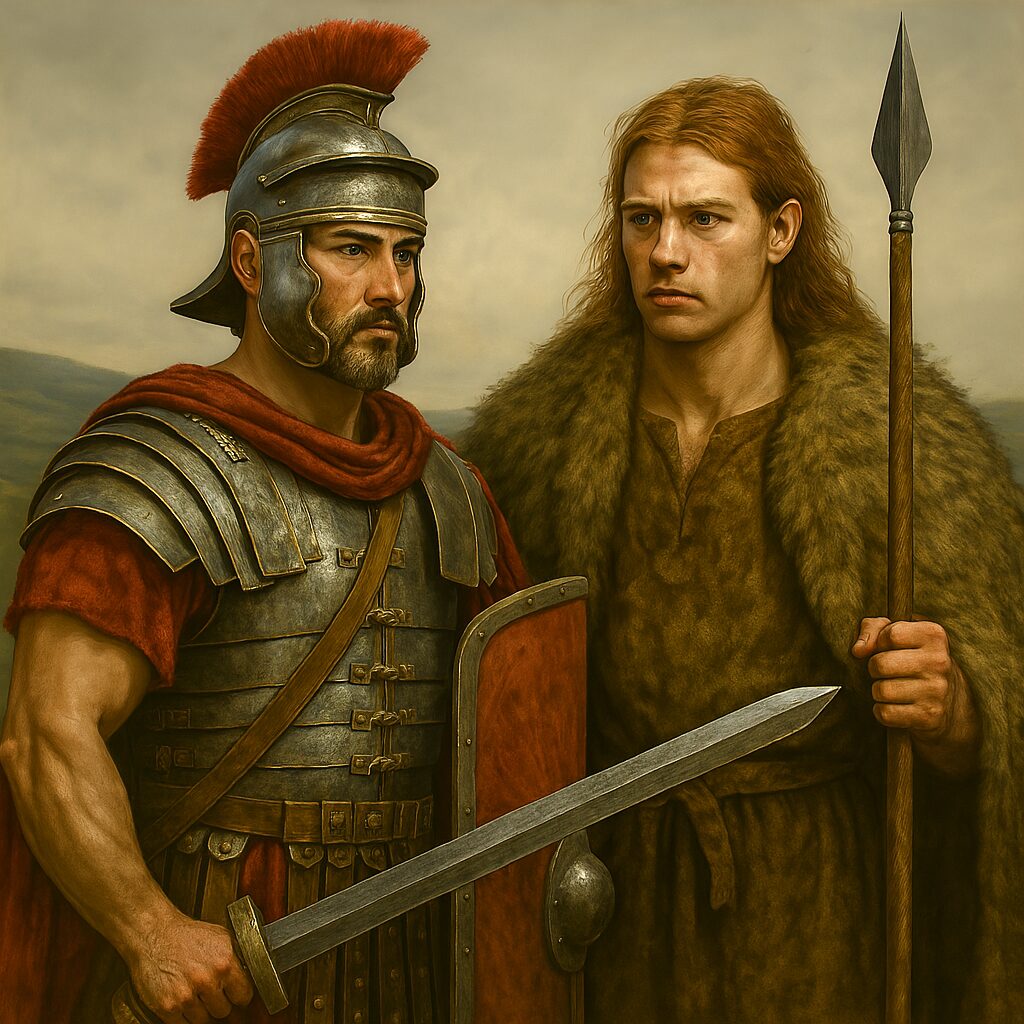 Photorealistic reconstruction of an Irish warrior holding a spear beside a Roman solider with his sword